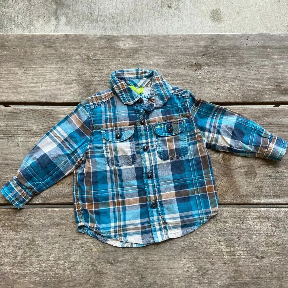 Genuine Kids‎ Boys Shirt Size 18 Months Blue Brown Plaid Button Up Pockets